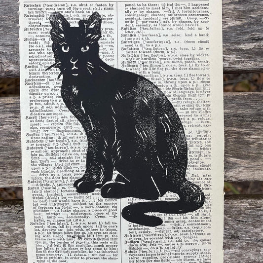 Cat Linocut Print on Vintage Book Pages