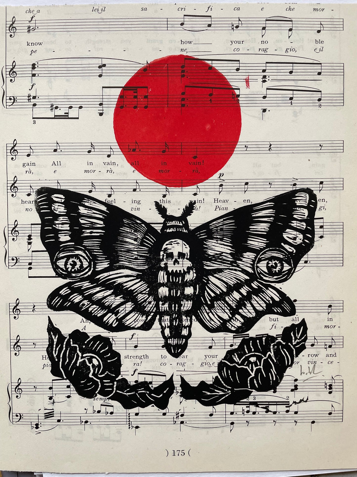 New Moon Moth Linocut Block Print 8x10