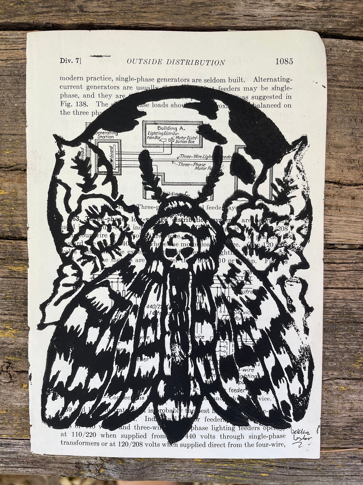 Moth Linocut Print on Vintage Book Pages