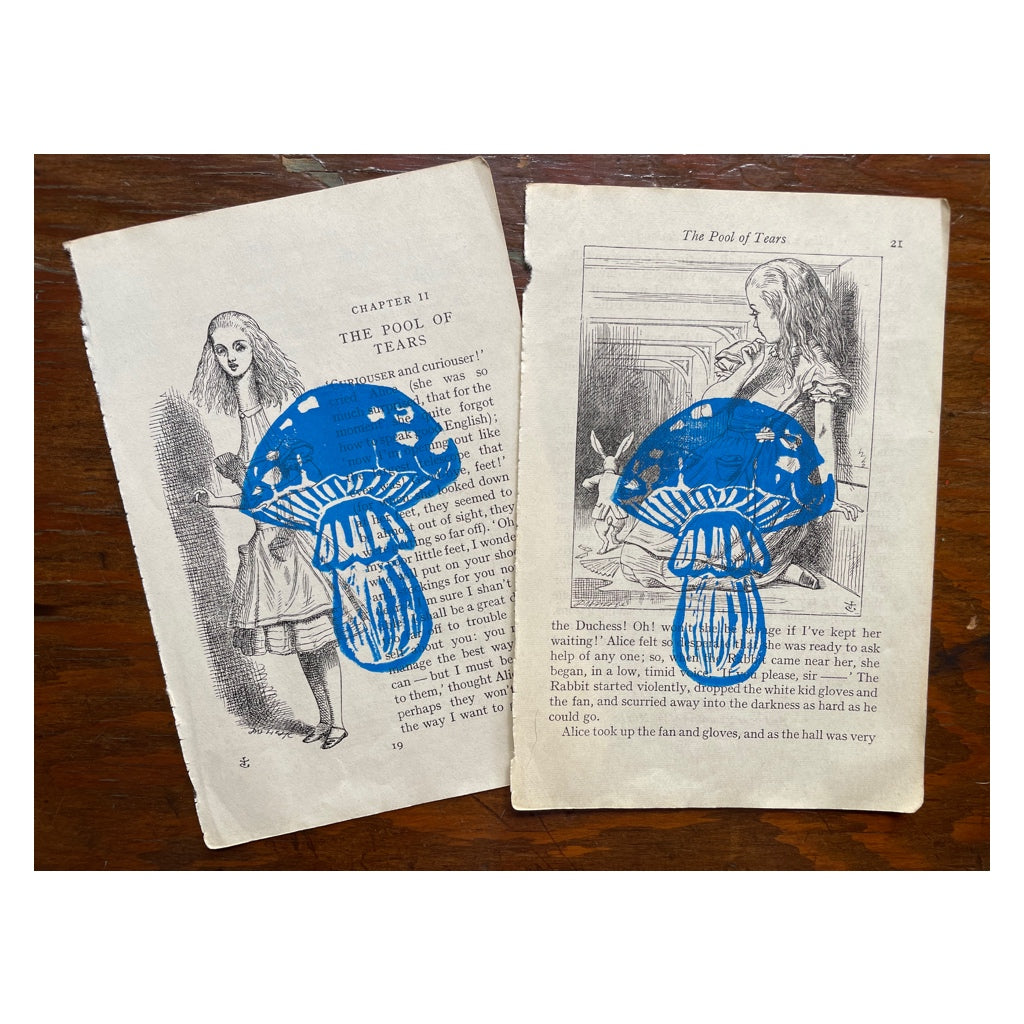 Mushroom Linoprints on Alice’s Adventures in Wonderland Bookpages