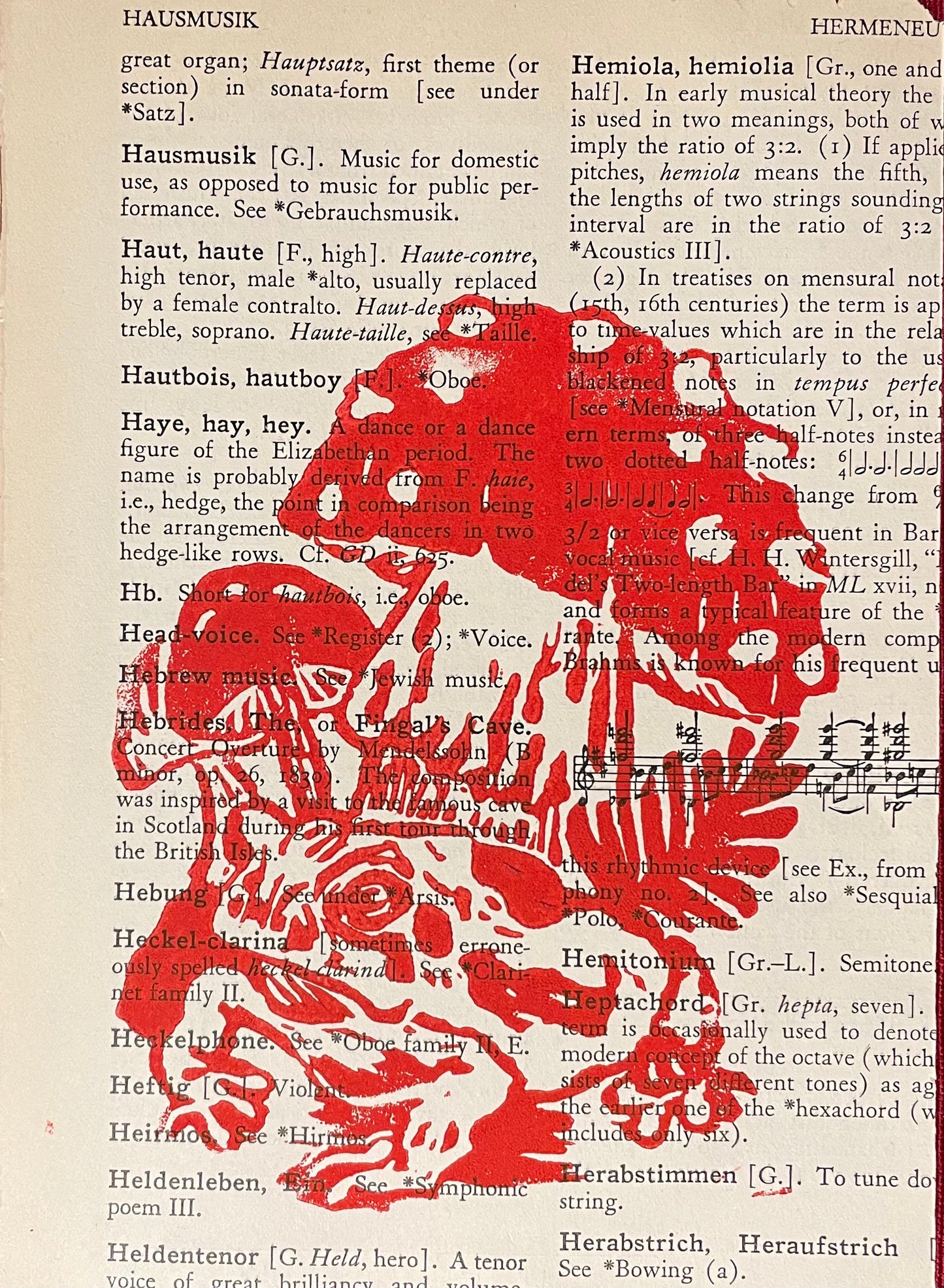 Toad and Mushrooms Linocut Print on Vintage Book Pages