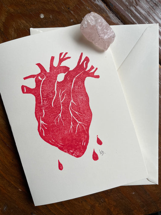 Hand Stamped Heart Linocut Card