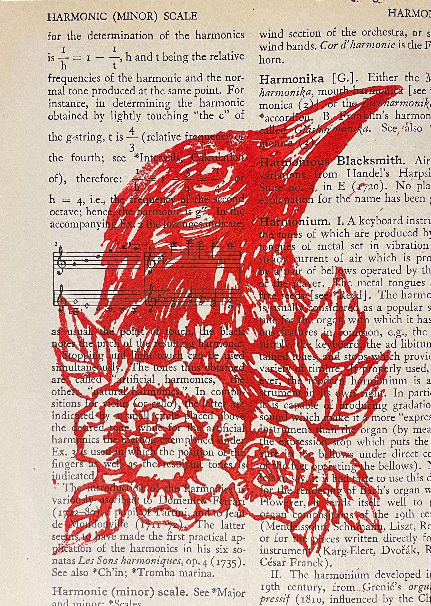 Raven Linocut Print on Vintage Book Pages